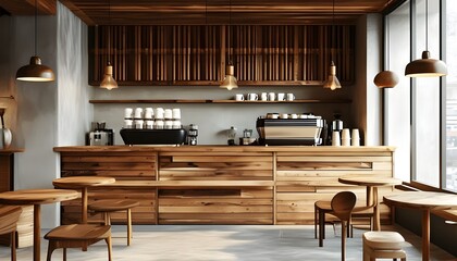 Charming cafe interior featuring rustic wooden accents and a stylish coffee machine