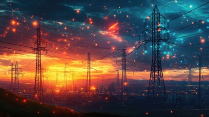 A dramatic sunset with power lines silhouetted against a colorful sky, showcasing the beauty of energy infrastructure.