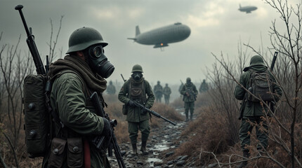 One of the soldiers is wearing a gas mask