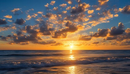 Serene Coastal Landscape of Golden Sunset Sky Over Pacific Ocean with Vibrant Waves and Cloudy Horizon Evoking Relaxation and Inspiration