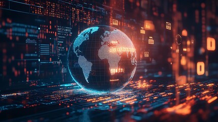 A futuristic 3D globe with rotating arrows and floating icons symbolizing various goods, set against a digital background of binary code and export-related data