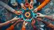 © SS Digital - Overhead view on diverse business team people hands holding gear wheels finding working solutions. Power partnership, engineering teamwork, manage team work and company activities