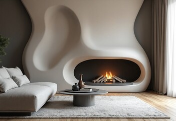 Poster - Abstract wavy curved wall and fireplace near gray sofa. Interior design of modern living room