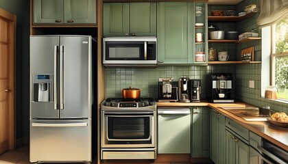 Modern kitchen showcasing essential appliances including refrigerator, microwave, oven, sink, and coffee maker in a stylish layout