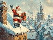 © jitthanant - Santa delivering gifts, snowcovered rooftops, festive scene, watercolor style