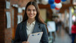 © SS Digital - Portrait of American female poll worker. Happy beautiful young brunette woman in suit standing at US ballot station, holding clipboard, looking at camera and smiling. Voting, electi