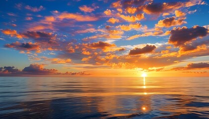 Tranquil Evening Seascape Beneath a Golden Sunset Sky Over the Pacific Ocean with Vibrant Colors and Serene Waters