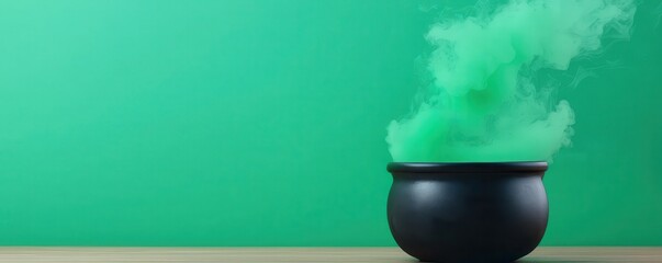 A black cauldron emits vibrant green smoke against a solid green background, suggesting a mystical or magical atmosphere.