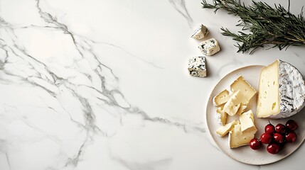 Wall Mural - Top view of a plate of sliced cheese, grapes, and a sprig of rosemary on a marble background.