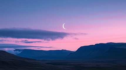 Sticker - A serene twilight view of a crescent moon rising over a tranquil landscape in a mountainous region during dusk