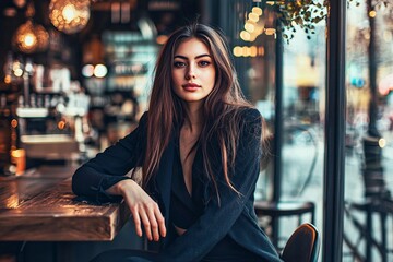 A fashionable young woman confidently showcases her modern elegance in a trendy city caf√©.