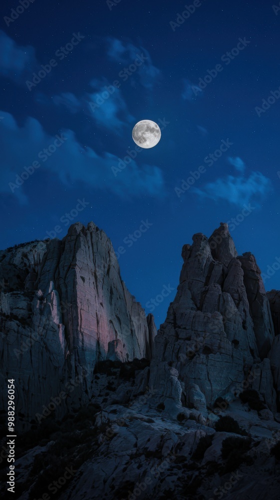 Rocky mountain peaks under a full moon with a starry sky. Night ...