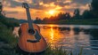 © jitthanant - A calming acoustic guitar playing gentle melodies by a peaceful riverside at sunset, waves of relaxing sound drifting through the air Guitar, Background Music, Relaxing, Nature