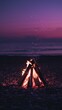 © FAFO - campfire burning on a sandy beach at dusk with a deep purple sky. Travel and adventure concept for wallpaper, poster, and print.