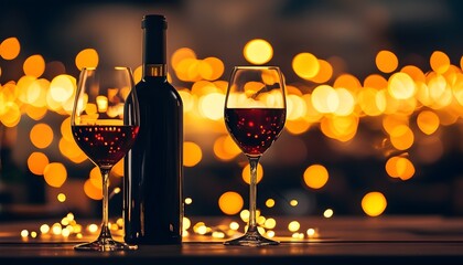 Elegant wine glass and bottle on table illuminated by enchanting bokeh lights