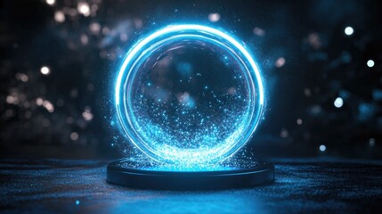 Illuminated circle light effect with a magical hologram portal Neon energy orb beam podium for teleportation featuring stardust combining 3D futuristic technology with glitter and shine for fantasy