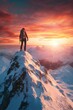 © NFTNexus - Adult adventurous woman atop a snowy peak in a winter wonderland 3D rendering of a mountain adventure scene with a stunning sunset sky