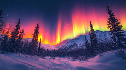 beautiful aurora borealis northern lights with mountain and snow background