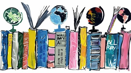 Colorful books with globes on a shelf illustration.