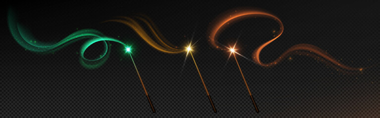 Wall Mural - magic wands set with sparkling swirls isolated on transparent background. vector realistic illustrat