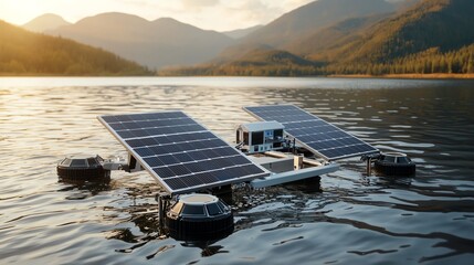 Floating solarhydropower hybrid station, innovative renewable energy, futuristic green technology concept