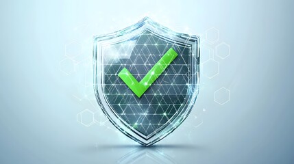 Protection. Healthcare. Insurance. Cyber security. Network safety. Protection shield with green Check mark icon inside transparent sphere shield with hexagon pattern on white background. Vector illust