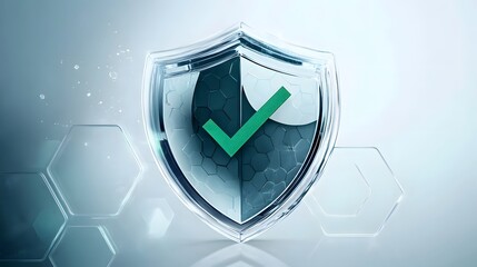 Protection. Healthcare. Insurance. Cyber security. Network safety. Protection shield with green Check mark icon inside transparent sphere shield with hexagon pattern on white background. Vector illust