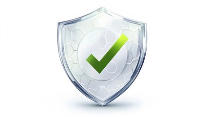 Protection. Healthcare. Insurance. Cyber security. Network safety. Protection shield with green Check mark icon inside transparent sphere shield with hexagon pattern on white background. Vector illust