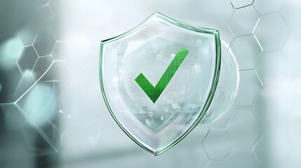 Protection. Healthcare. Insurance. Cyber security. Network safety. Protection shield with green Check mark icon inside transparent sphere shield with hexagon pattern on white background. Vector illust