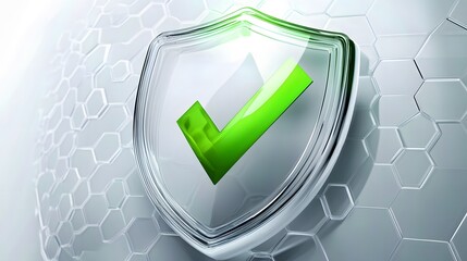 Protection. Healthcare. Insurance. Cyber security. Network safety. Protection shield with green Check mark icon inside transparent sphere shield with hexagon pattern on white background. Vector illust