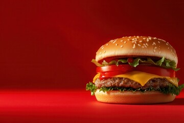 A delicious hamburger with sesame bun, fresh lettuce, tomato, and cheese against a vibrant red background.