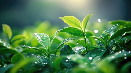 Water droplets cascading onto bright green tea leaves