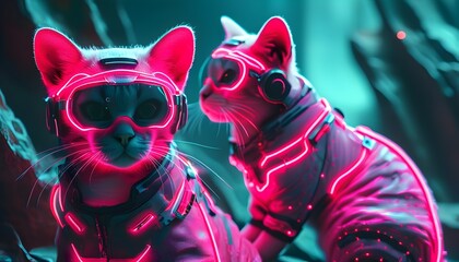 Wall Mural - Futuristic feline with pink neon glow exploring a high-tech cybernetic landscape with adorable expressions