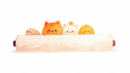 Four adorable cartoon animals peek over the edge of a large, white surface. There's an orange cat, a white cat with a yellow bird on top, and two yellow fluffy animals.