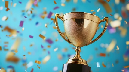 Golden trophy surrounded by confetti against a blue backdrop