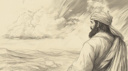 Jeremiah the biblical prophet stands firm and resolute at the Moabite border his face set with determination as storm clouds gather over the distant hills