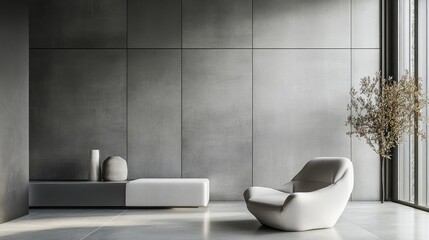 Wall Mural - Interior space design featuring gray wall panels and a minimalist decor approach