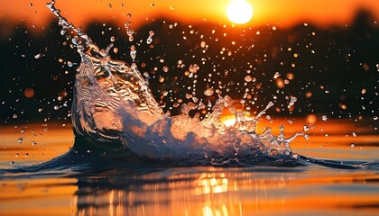 Wall Mural - Sunset-kissed water splash creating a mesmerizing display of color and light