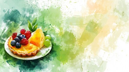 Watercolor painting of a fruit tart with raspberries, blueberries, and orange slices.