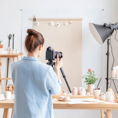 A photographer captures creative still life in a bright workspace, showcasing art, design, and photography equipment.