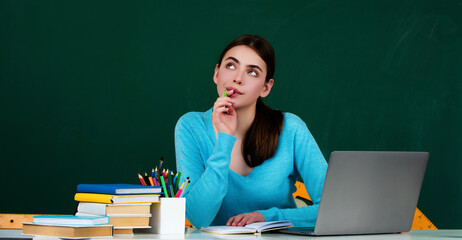 School teenager girl in middle school. College student learning in college classroom. School dream. Dreamy school girl.