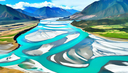 Wall Mural - Spectacular scenery of Lhasa at Nyingchi, meandering Yalu Zangbu River and magnificent natural beauty.