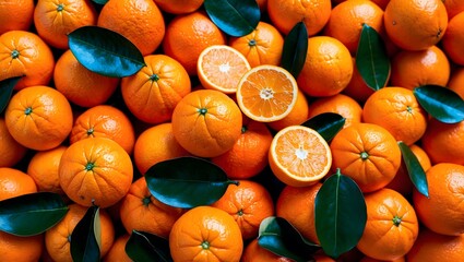 Fresh orange fruits with leaves as background, top view. AI Generative.