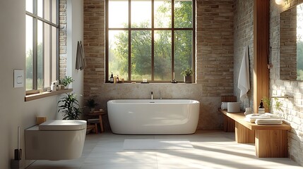 A modern Scandinavian bathroom with natural stone walls, soft lighting, and light wood accents. The minimalist design and large windows create a bright, airy space with a fresh, natural feel,