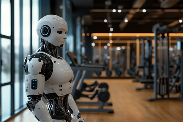 Wall Mural - robot is standing in a gym with a blue face. The robot is wearing a white outfit and has a black belt. The robot is looking at the camera with a serious expression