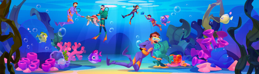 Wall Mural - Men and teenage children in wetsuits and snorkels diving underwater with turtle and fishes, bright tropical seaweeds and corals, treasure chest on sea or ocean sandy bottom. Cartoon vector seascape.