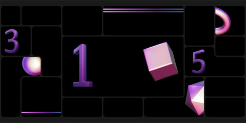 Wall Mural - dashboard template for image gallery, rectangle bento framework. 3d neon metal iridescent hologram g