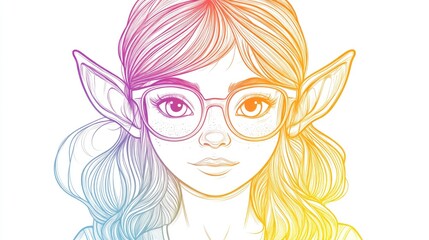 Warm gradient line drawing of a whimsical cartoon elf girl in a playful design