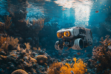  robot is swimming in the ocean. The robot is white and yellow. The robot is surrounded by seaweed