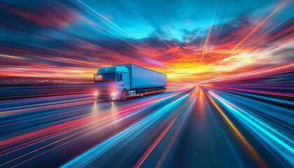 Powerful truck driving at dawn on an empty highway with green fields and a golden sky